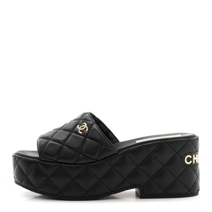 Chanel Lambskin Quilted CC Mules Wedge Sandals 40 Black 1 of 15