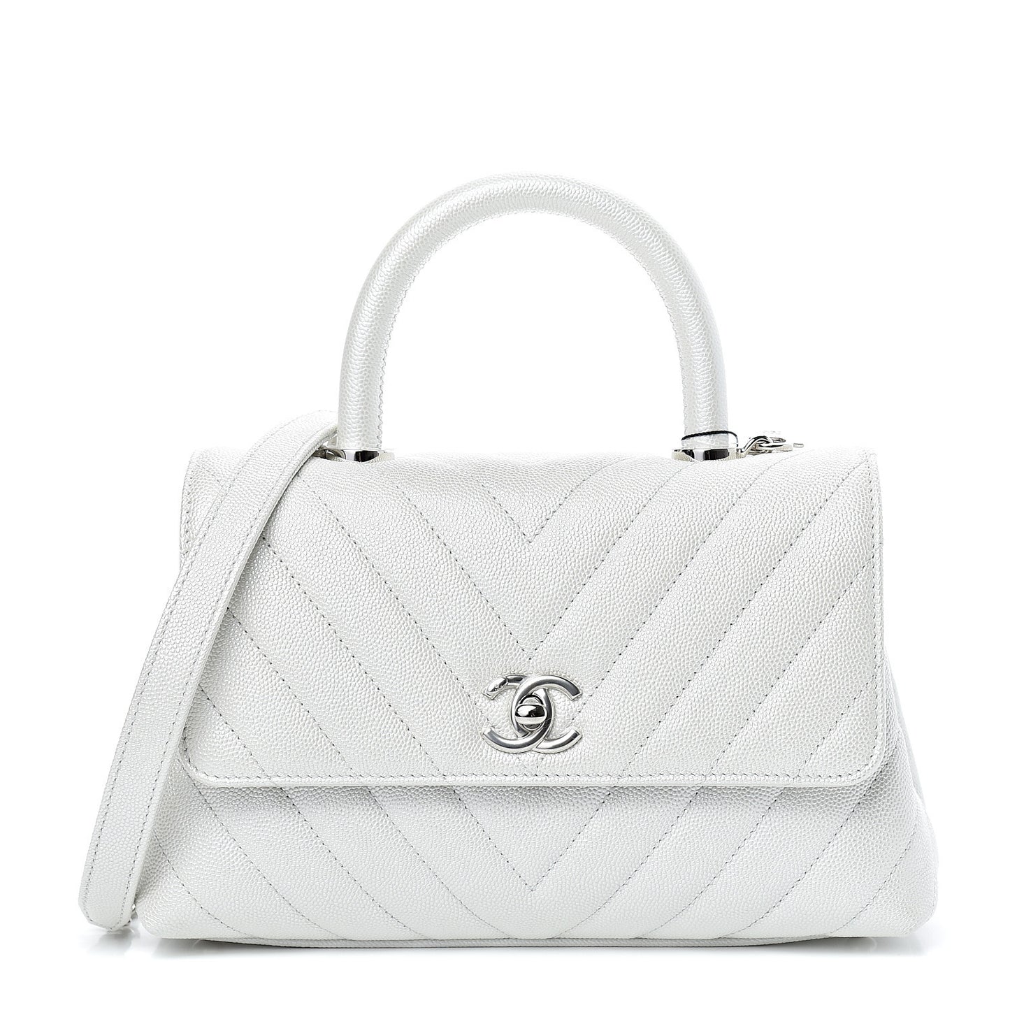 Iridescent Caviar Chevron Quilted Mini Coco Handle Flap White