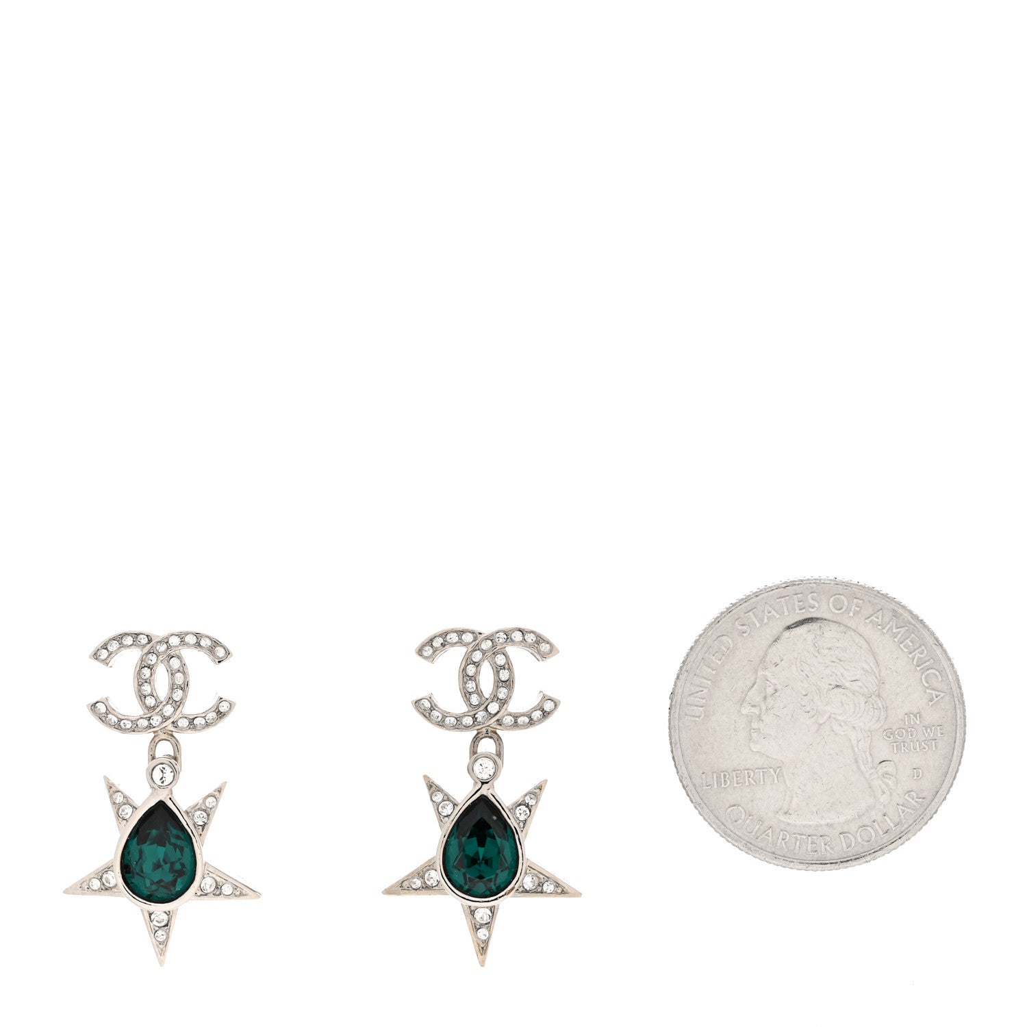 Chanel Crystal CC Star Drop Earrings Silver Green 2 of 5