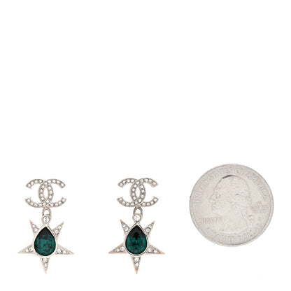 Chanel Crystal CC Star Drop Earrings Silver Green 2 of 5