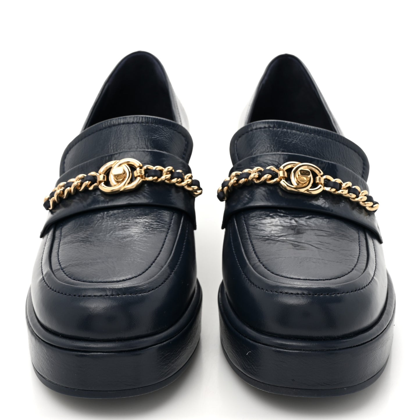 Shiny Calfskin Logo Platform  Loafers 36.5 Dark Blue