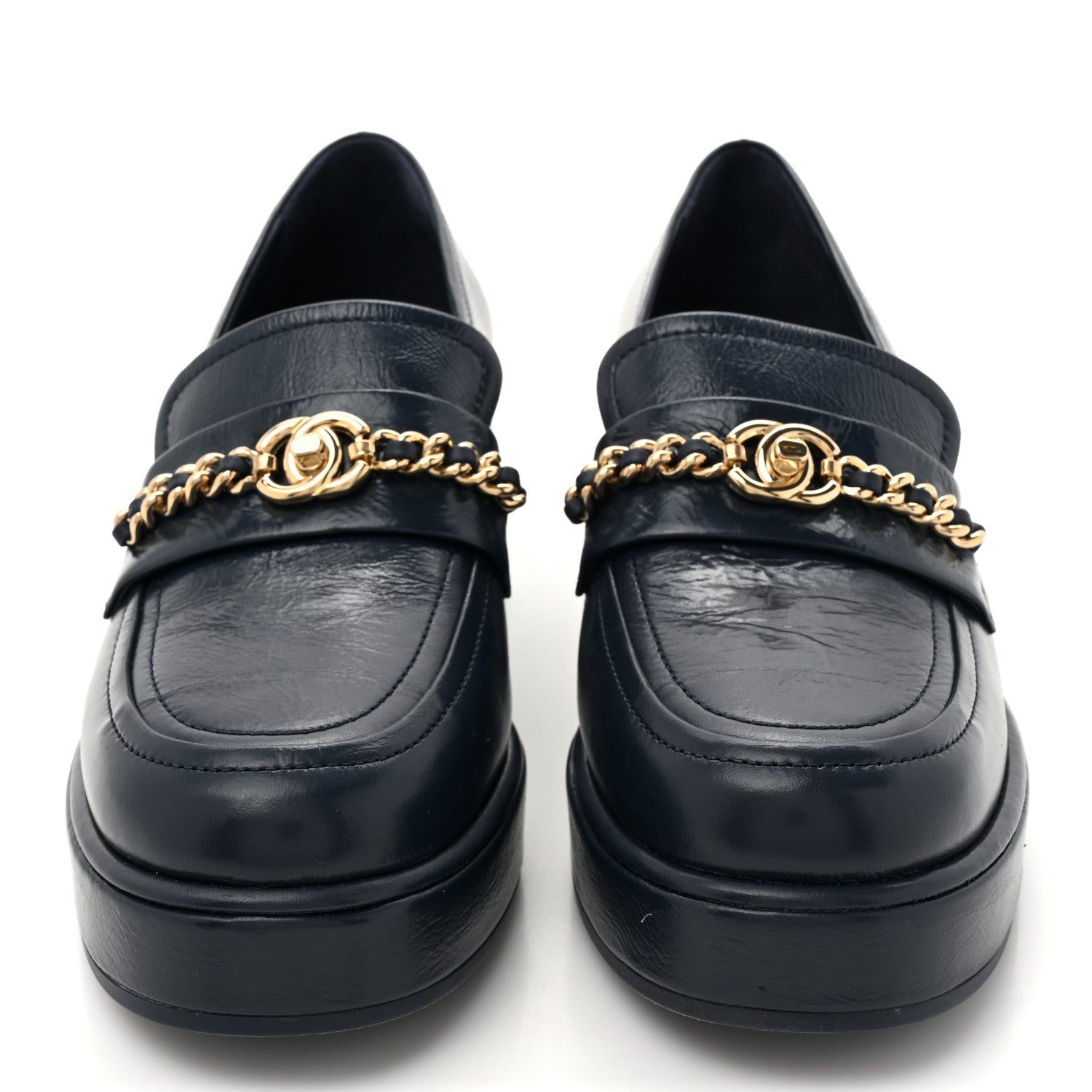 Chanel Shiny Calfskin Logo Platform  Loafers 36.5 Dark Blue 3 of 9