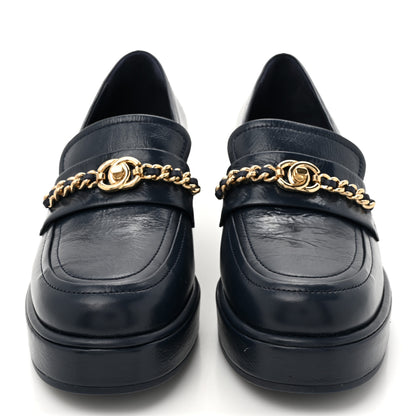 Chanel Shiny Calfskin Logo Platform  Loafers 36.5 Dark Blue 3 of 9