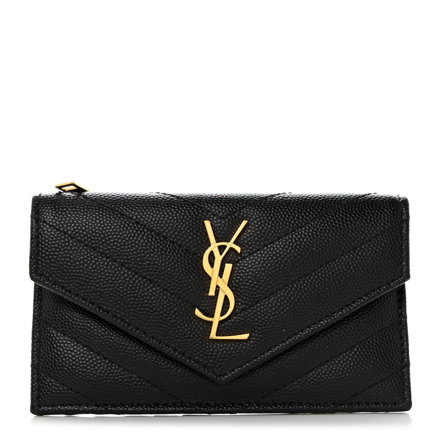 Saint Laurent Grain De Poudre Matelasse Chevron Monogram Compact Wallet Black 1 of 7