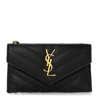 Saint Laurent Grain De Poudre Matelasse Chevron Monogram Compact Wallet Black 1 of 7