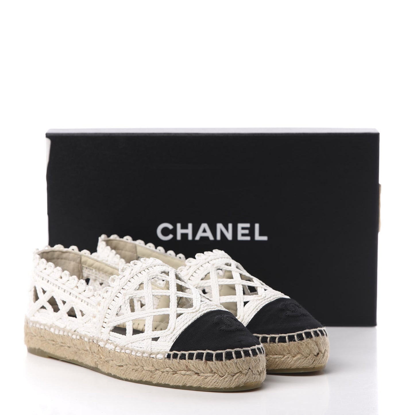 Woven Fabric Grosgrain CC Espadrilles 38 White Black