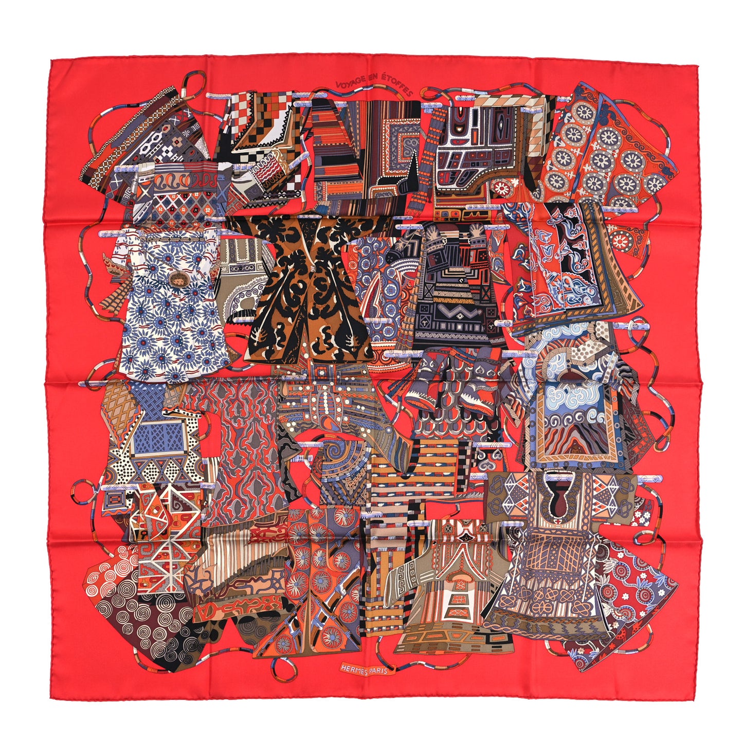 Silk Voyage En Etoffes Scarf 90 Rouge Brique Bleu Beige