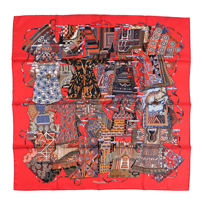 Hermes Silk Voyage En Etoffes Scarf 90 Rouge Brique Bleu Beige 1 of 4