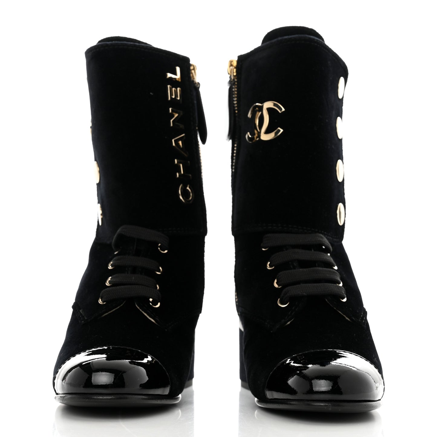 Velvet Patent Cap Toe CC Lace Up Boots 36.5 Black