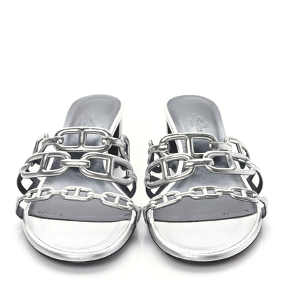 Hermes Metallic Calfskin Tandem Sandals 38 Gris Argente 2 of 7