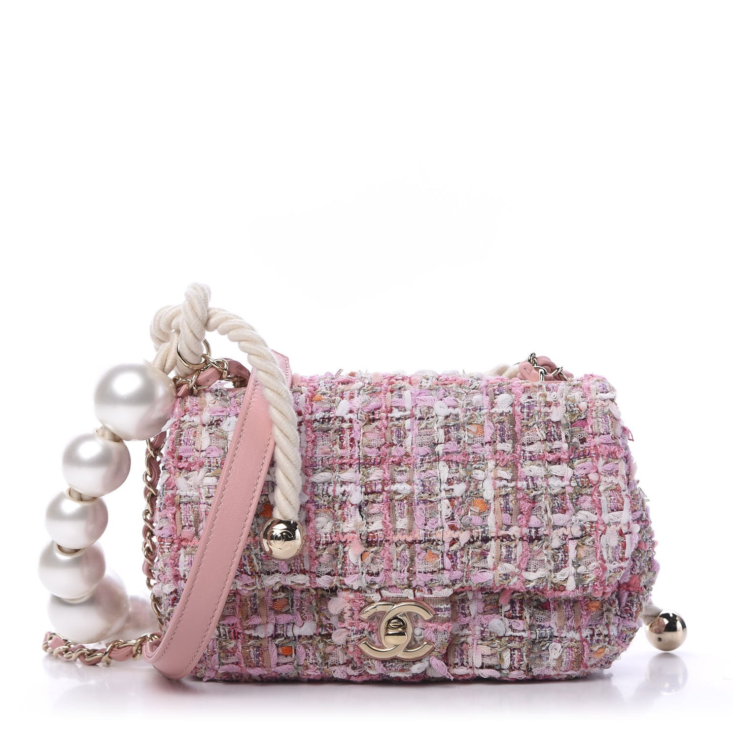 Tweed Mini Pearl Handle Flap Pink Beige Orange Ecru