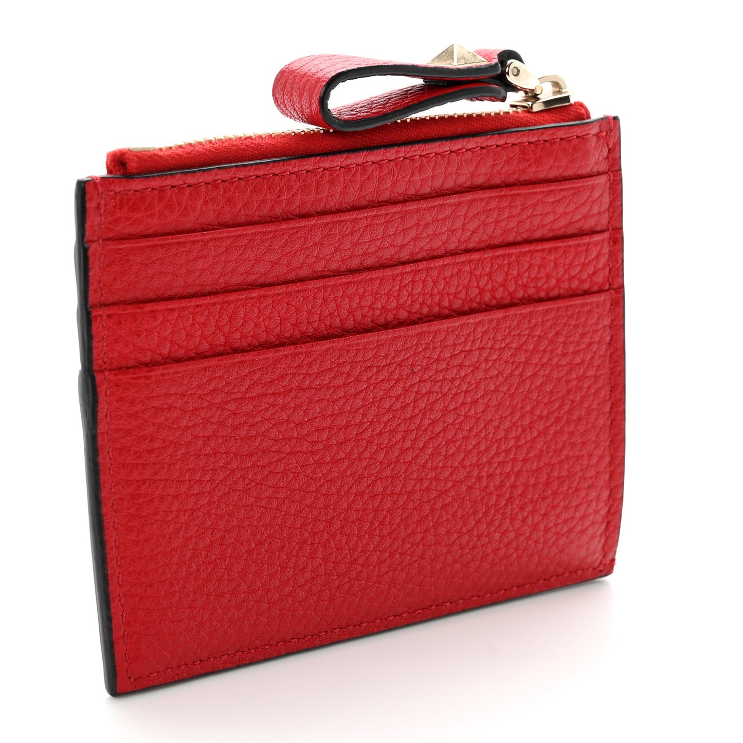 Pebbled Calfskin Rockstud Card Holder With Zipper Rouge Pur