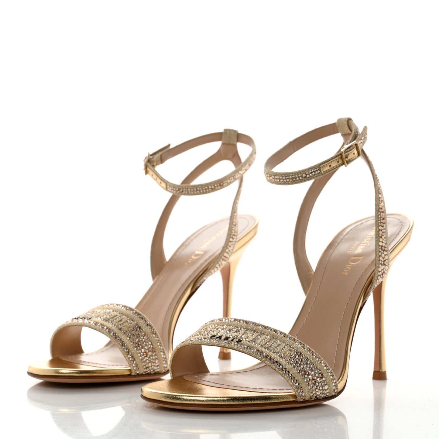 Laminated Calfskin Crystal Embroidered Dway 100mm Sandals 40 Gold