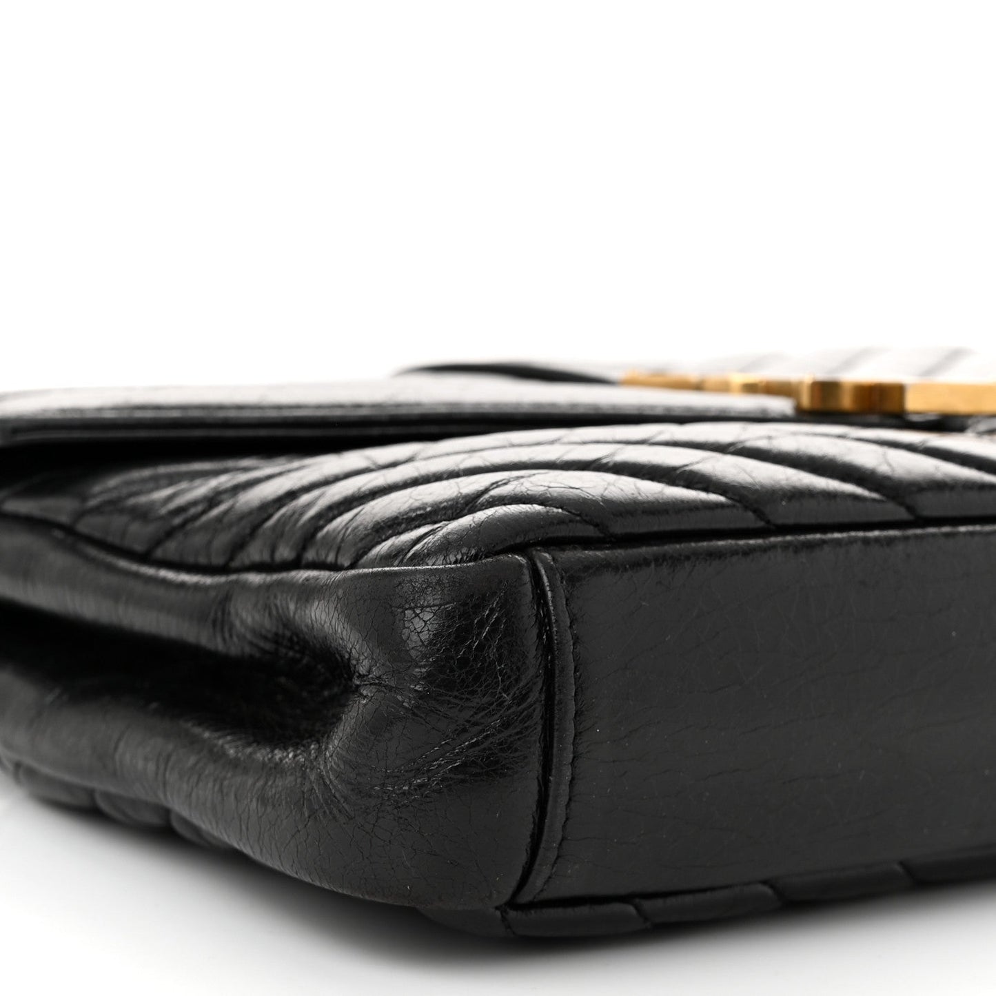 Cracked Shiny Calfskin Matelasse Chevron Monogram Medium College Bag Black