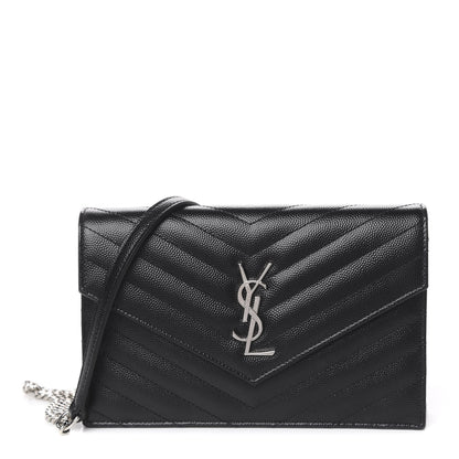 Saint Laurent Grain De Poudre Matelasse Chevron Monogram Envelope Chain Wallet Black 1 of 12