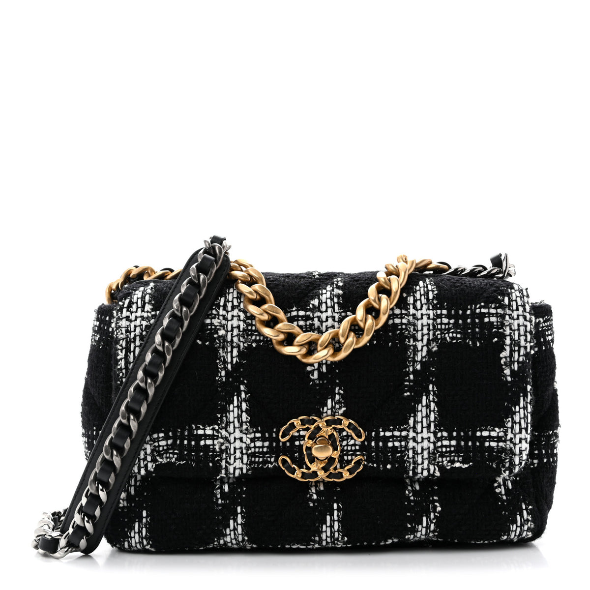 Chanel Tweed Quilted Medium Chanel 19 Flap Black White 1 of 11