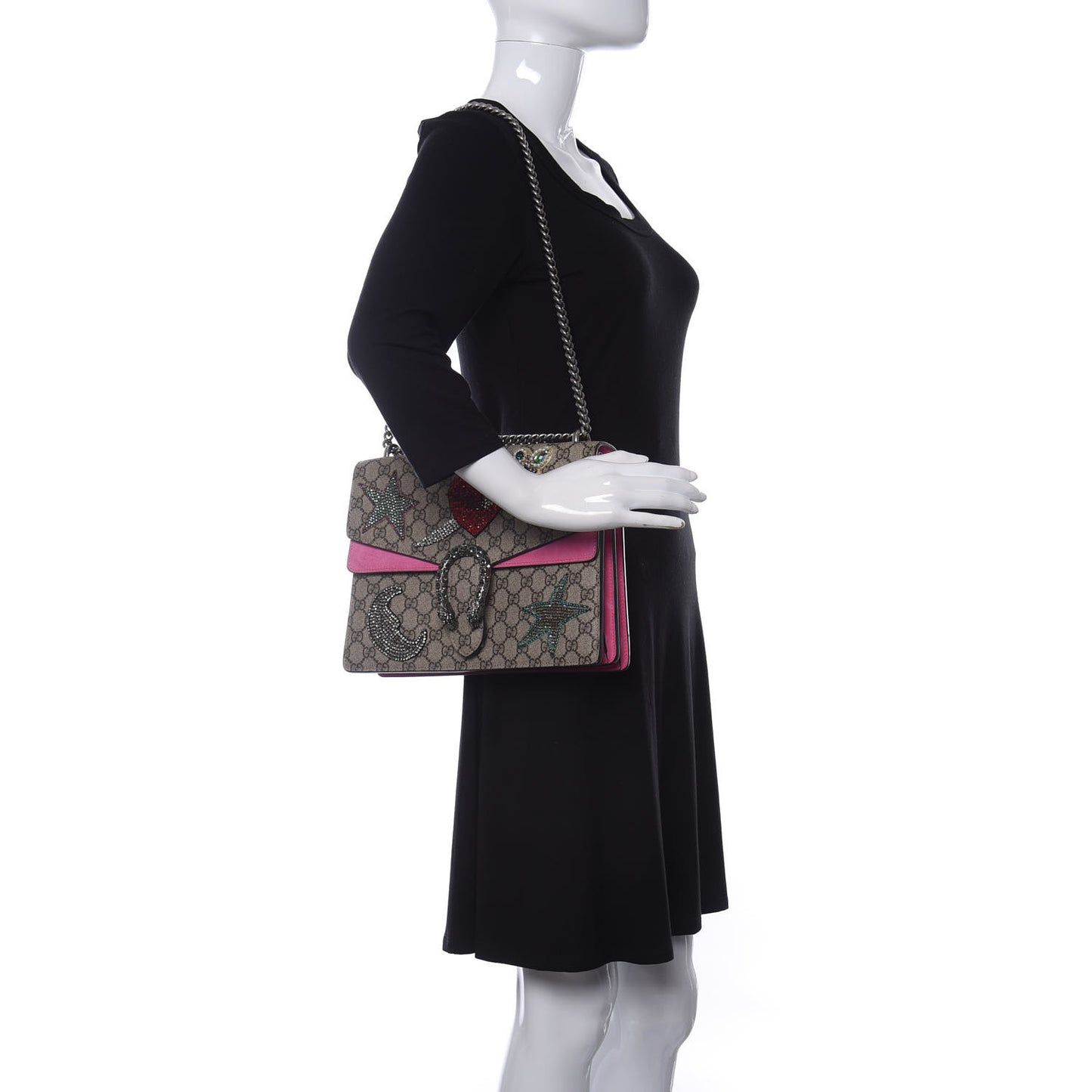 GG Supreme Monogram Suede Pierced Heart Embroidered Medium Dionysus Shoulder Bag Beige Ebony Pink Tropical Flower
