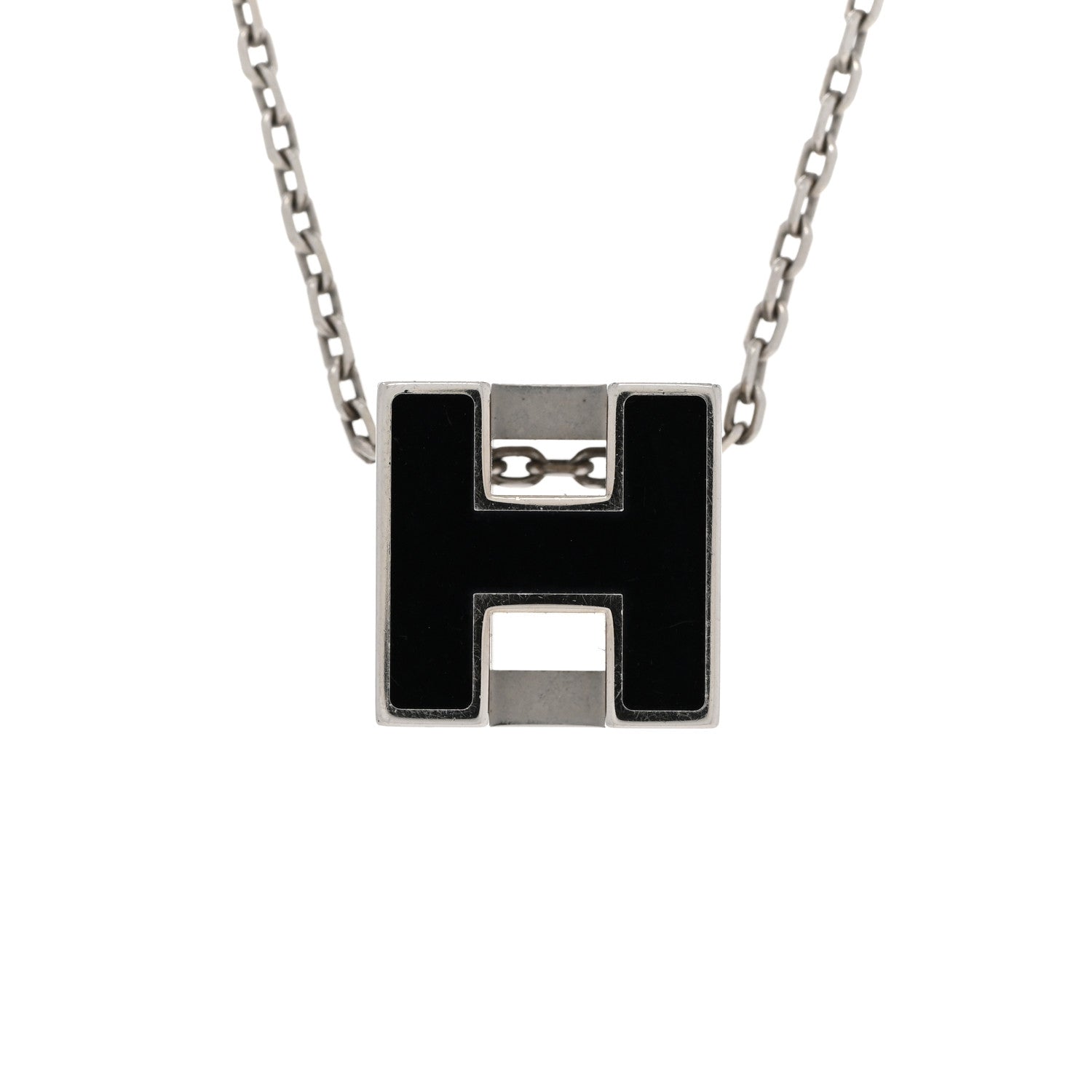Hermes Lacquered Palladium Cage d'H Pendant Necklace Black 4 of 7