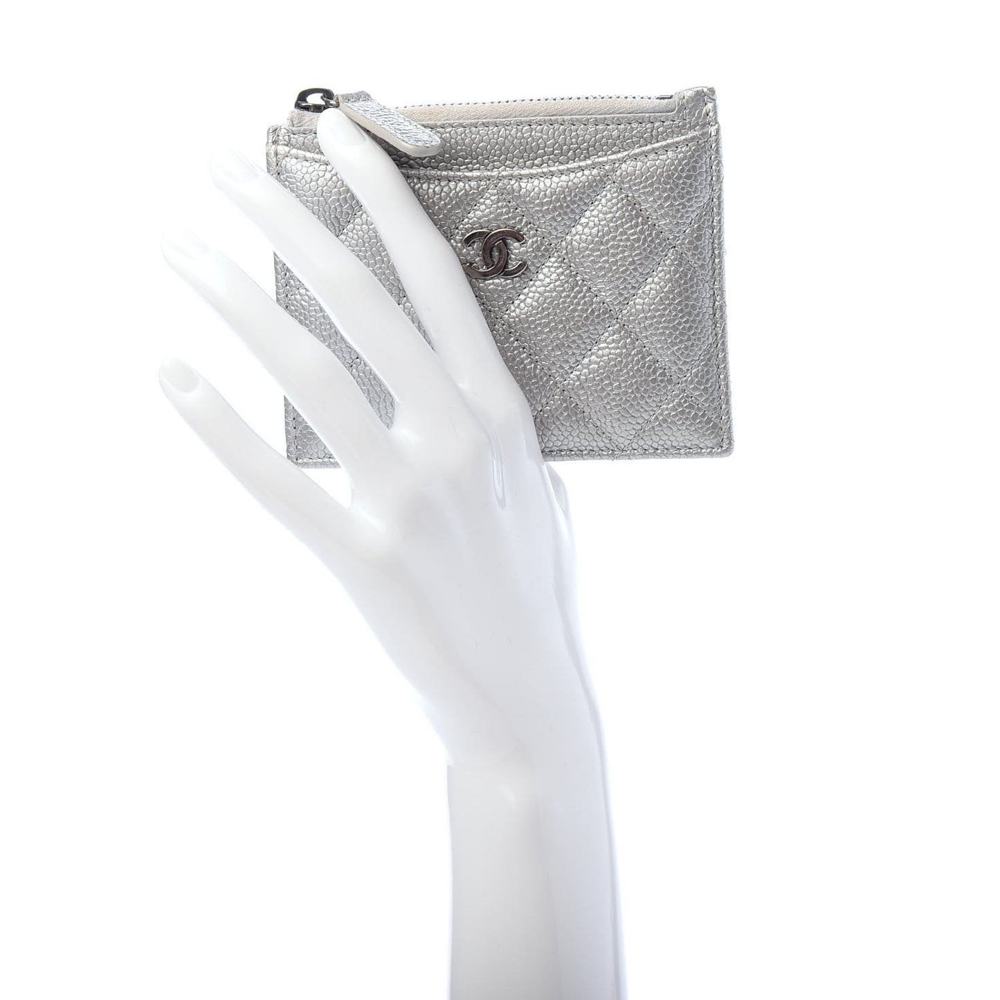 Metallic Caviar Quilted CC Zip Card Holder Silver