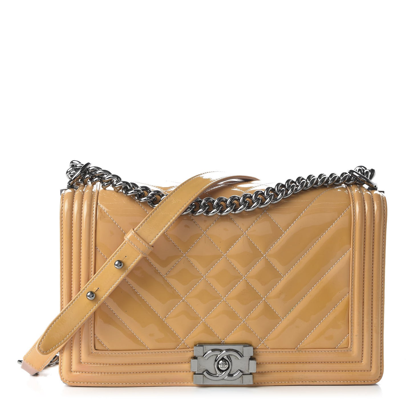 Patent Chevron Quilted New Medium Boy Flap Beige
