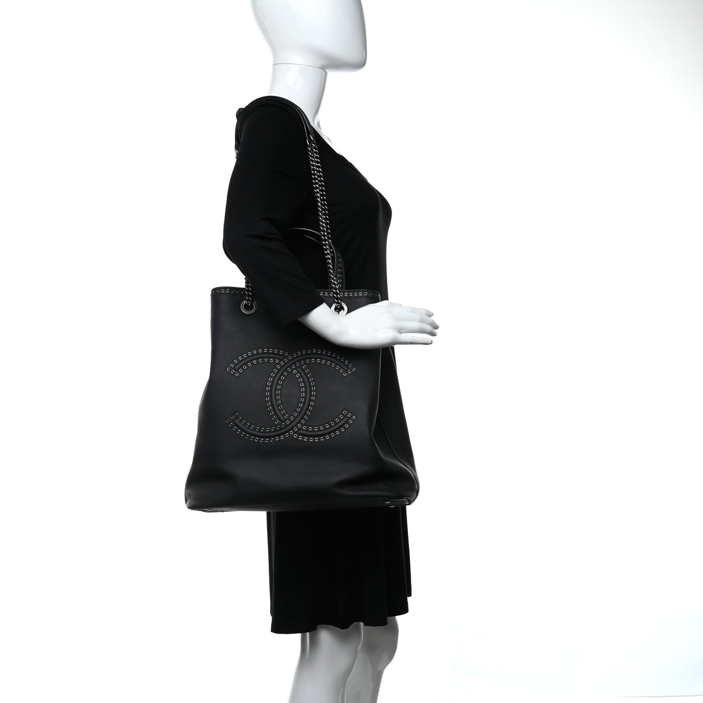 Grained Calfskin Large Coco Eyelets Shopping Tote Black