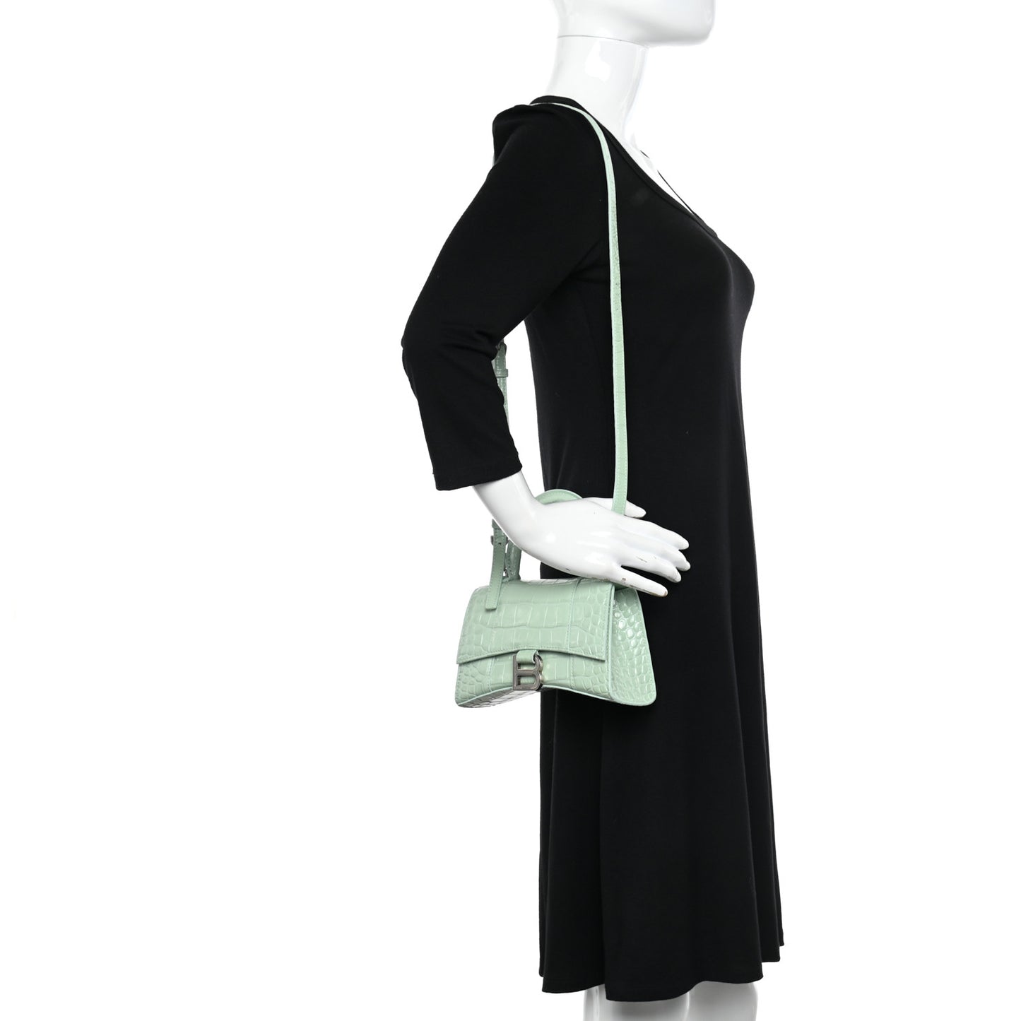 Shiny Calfskin Crocodile Embossed Hourglass Top Handle Bag XS Light Green