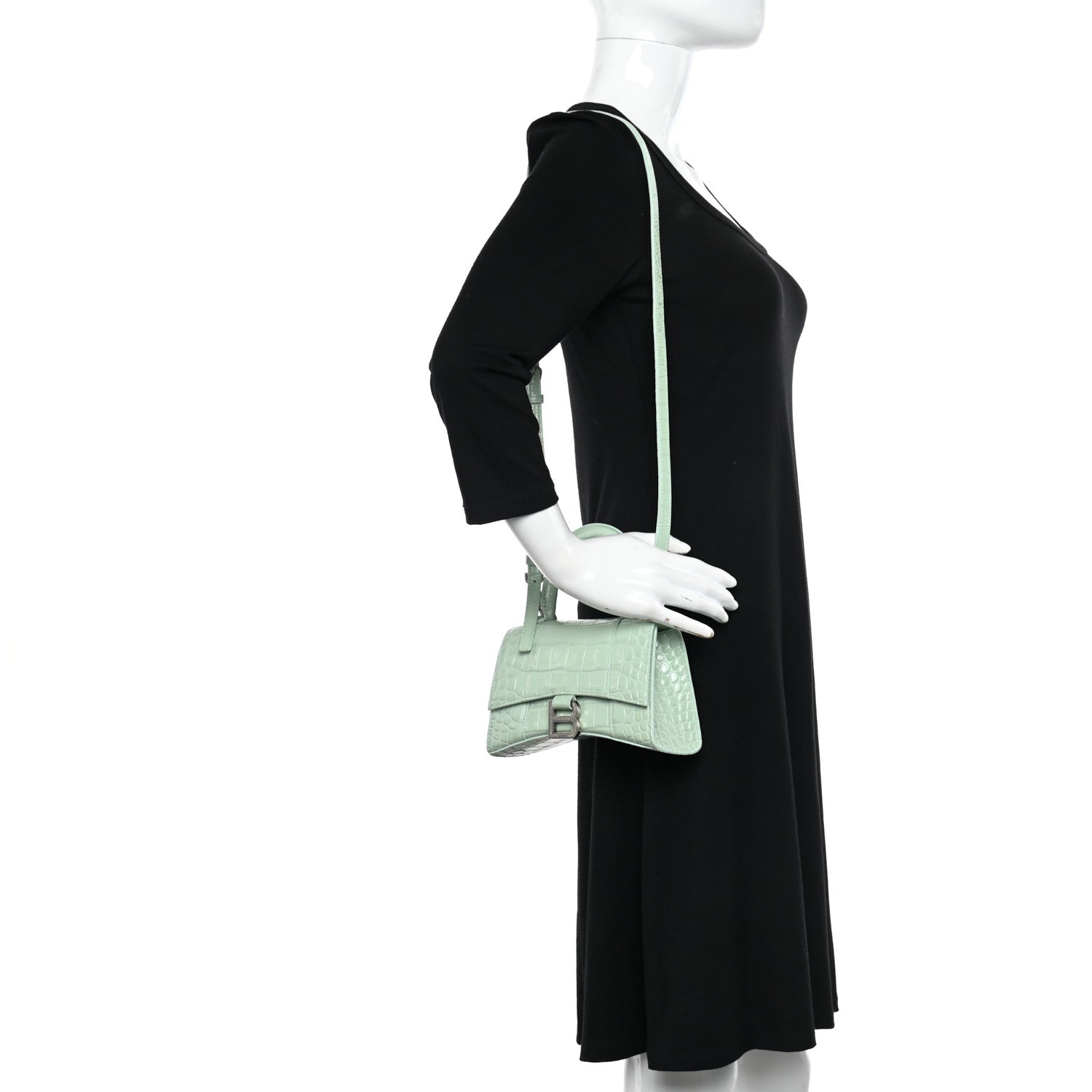 Balenciaga Shiny Calfskin Crocodile Embossed Hourglass Top Handle Bag XS Light Green 2 of 12