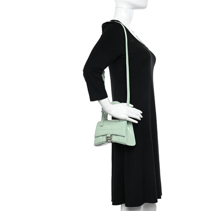 Balenciaga Shiny Calfskin Crocodile Embossed Hourglass Top Handle Bag XS Light Green 2 of 12