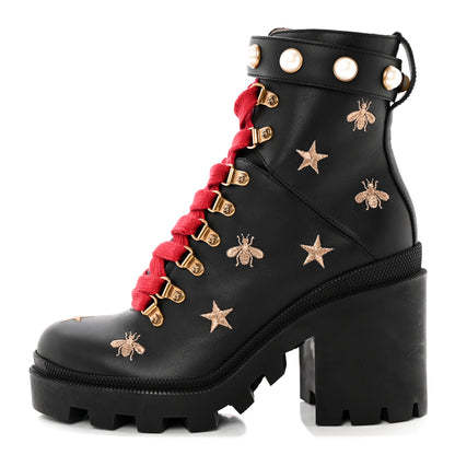 Gucci Calfskin Embroidered Lace Up Combat Ankle Boots 37.5 Black 1 of 14