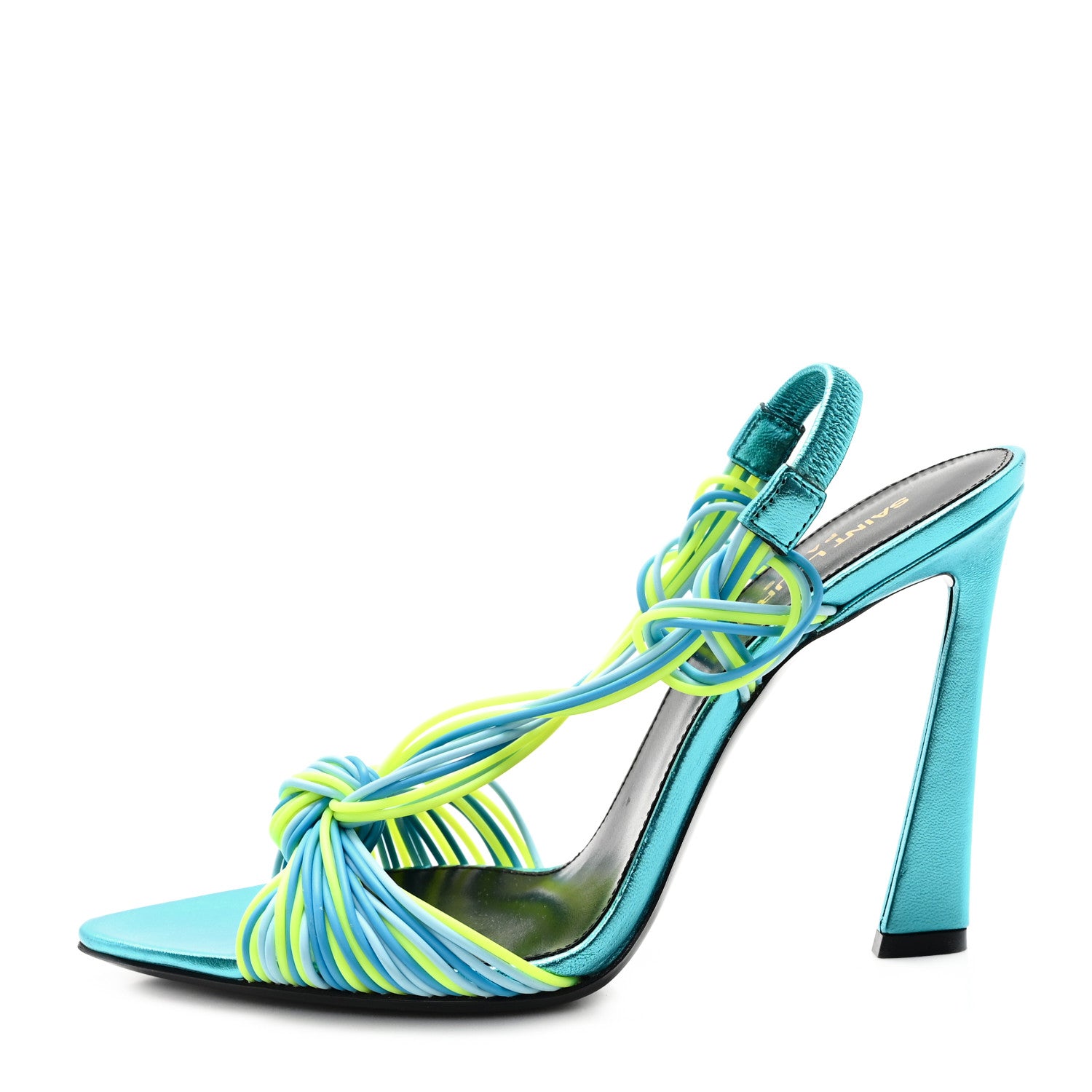 Saint Laurent Metallic Calfskin Gippy 105 Sandals 38.5 Cerulean Giallo Fluo 1 of 8
