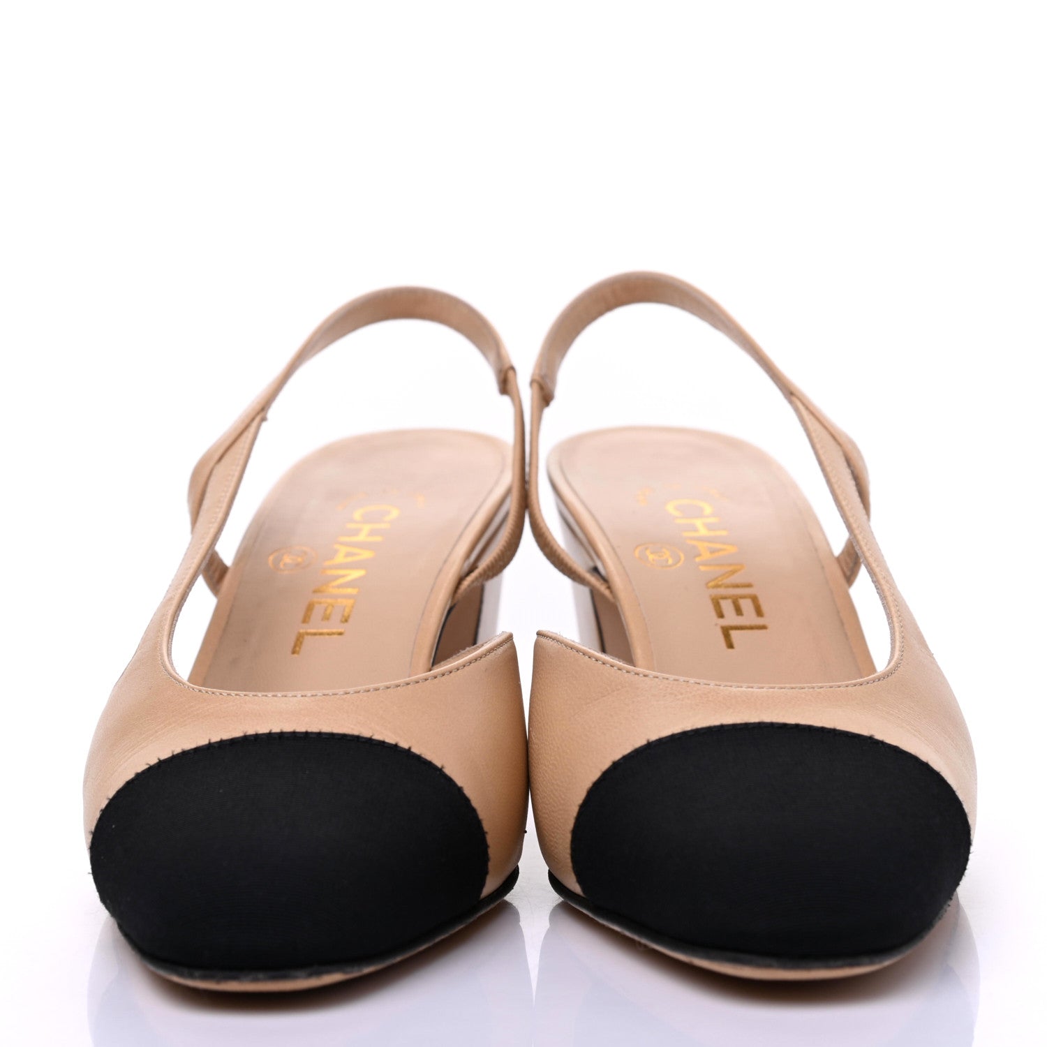 Chanel Goatskin Grosgrain Cap Toe CC Slingback Pumps 36 Beige Black 2 of 15