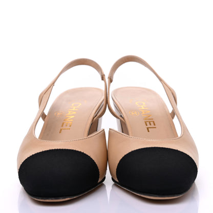 Chanel Goatskin Grosgrain Cap Toe CC Slingback Pumps 36 Beige Black 2 of 15