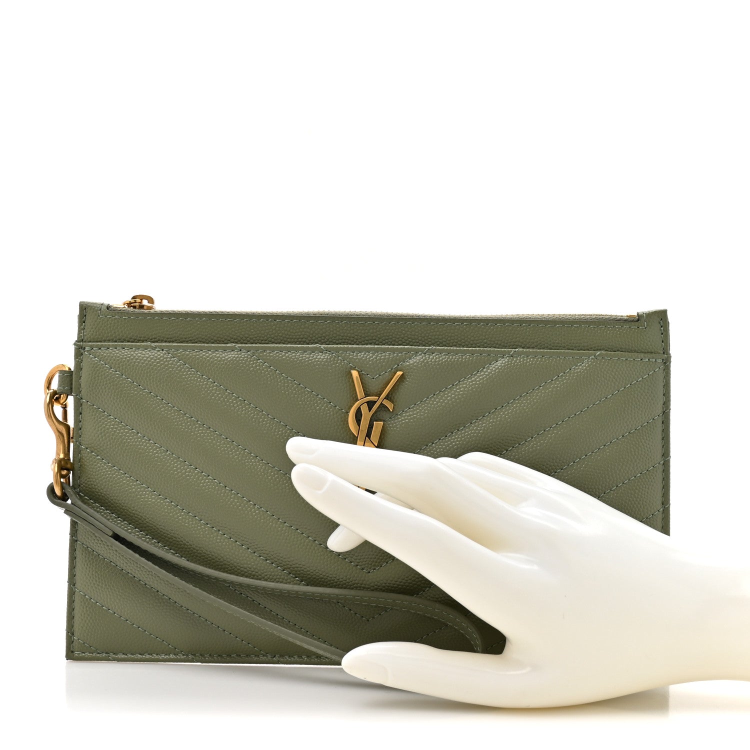 Saint Laurent Grain De Poudre Chevron Monogram Large Bill Pouch Light Sage 2 of 10