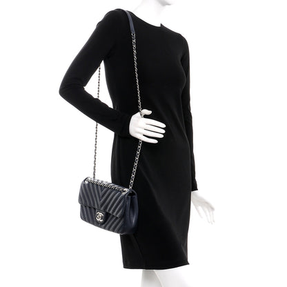 Chanel Lambskin Chevron Double Stitch Medium Single Flap Navy 2 of 10