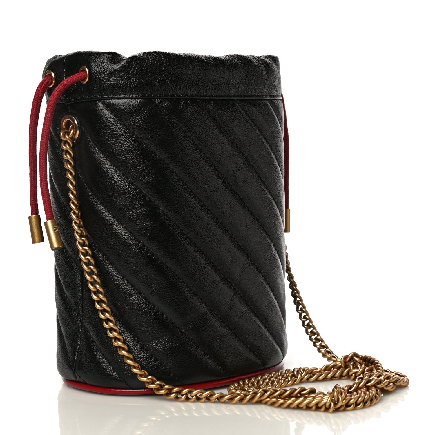 Gucci Vintage Effect Calfskin Matelasse Diagonal Mini Torchon GG Marmont 2.0 Bucket Bag Black Romantic Cherry 3 of 10