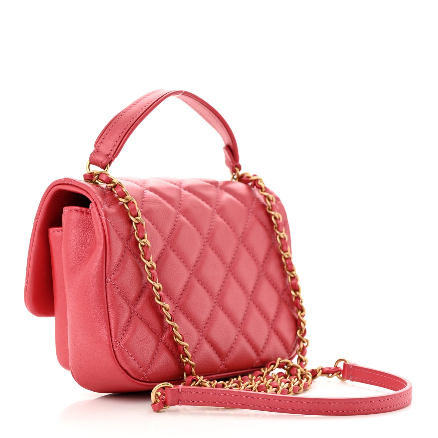 Metallic Calfskin Quilted Top Handle Flap Dark Pink