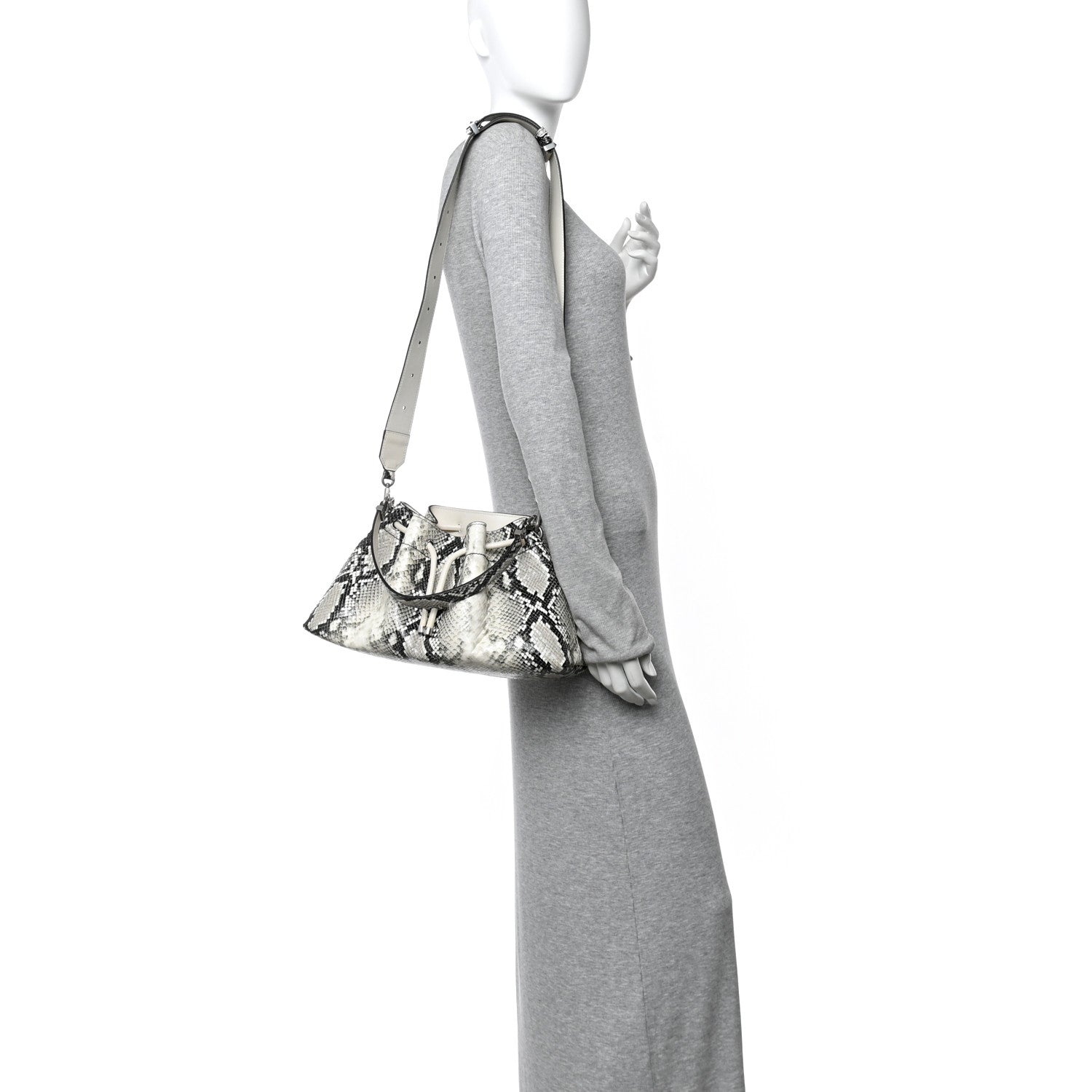 Jimmy Choo Calfskin Snakeskin Embossed Cinch M Bucket Bag Neutral 2 of 11