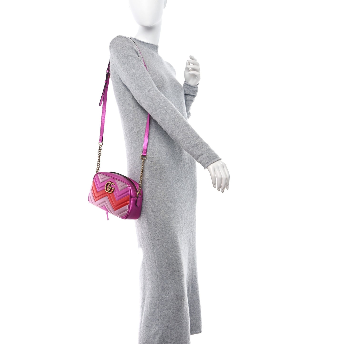 Laminated Nappa Matelasse Small GG Marmont Chain Shoulder Bag Fuxia Rosso Rosa