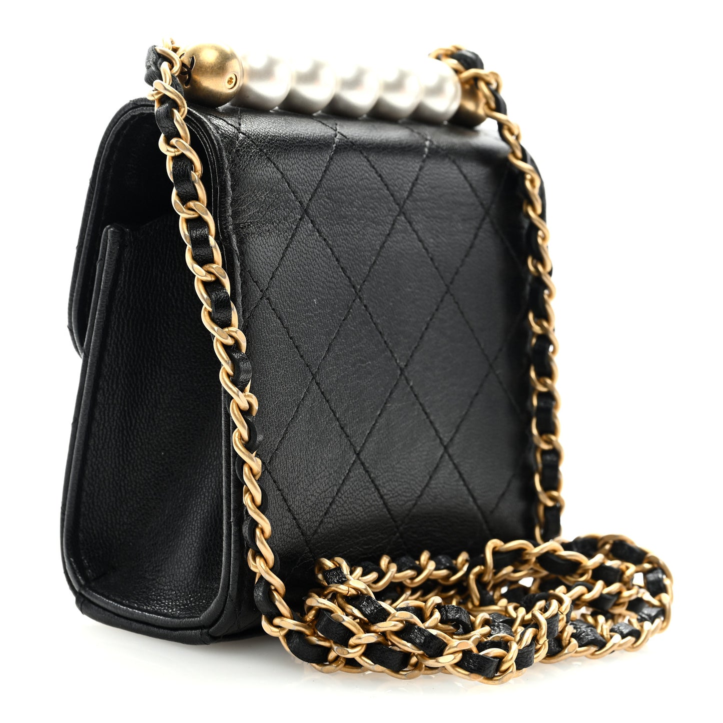 Goatskin Chic Pearls Clutch On Chain Black