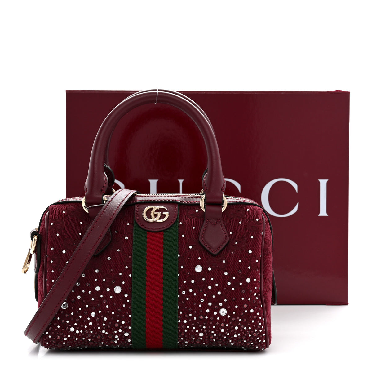 Gucci Crystal Canvas GG Monogram Textured Dollar Calfskin Web Mini Ophidia Top Handle Bowler Bag Rosso Ancora 11 of 11
