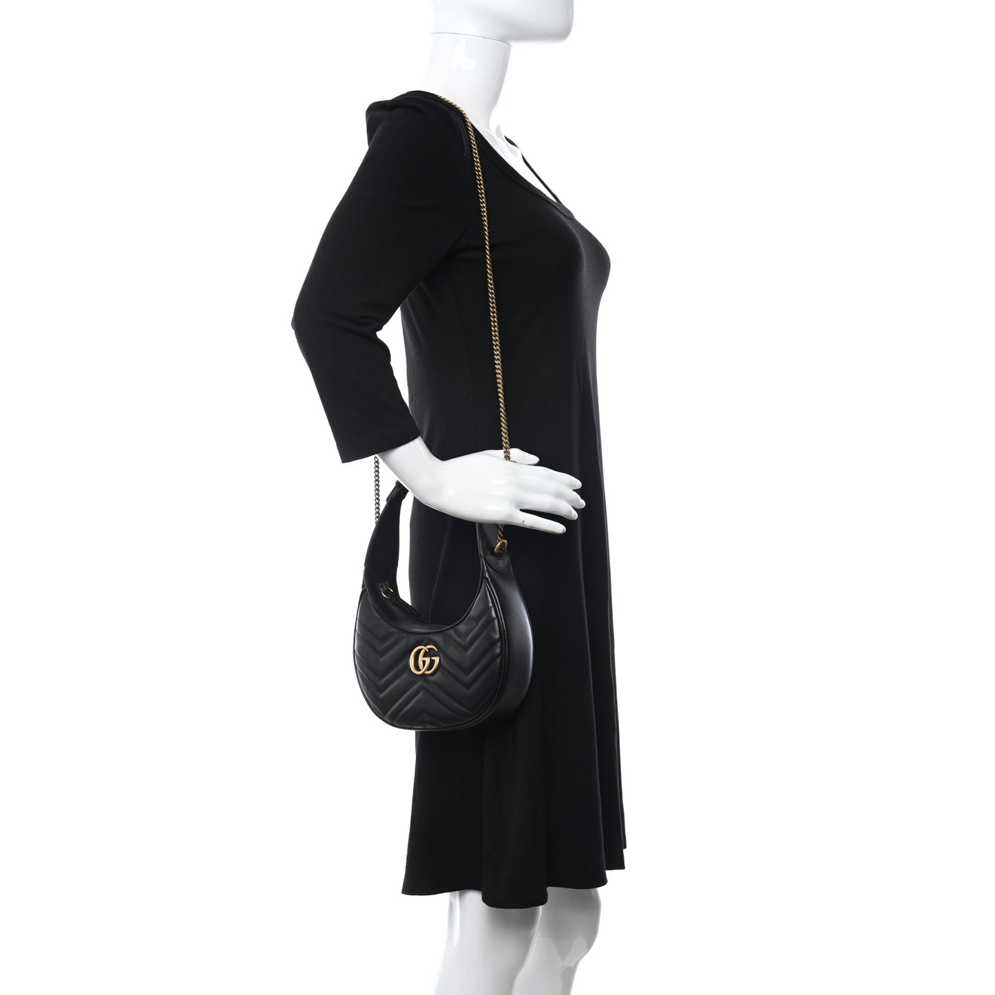 Calfskin Matelasse Chevron Mini GG Marmont Half Moon Hobo Black