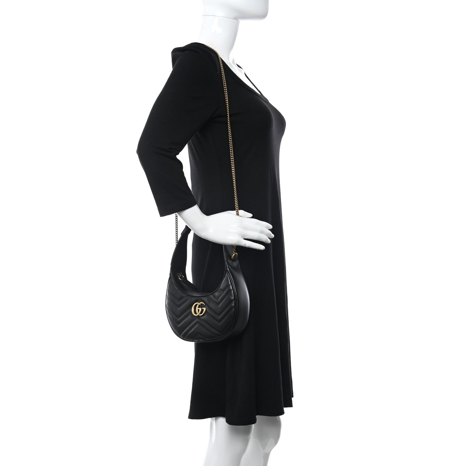 Gucci Calfskin Matelasse Chevron Mini GG Marmont Half Moon Hobo Black 2 of 10