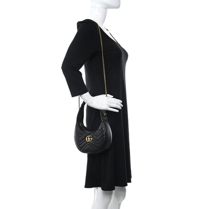 Gucci Calfskin Matelasse Chevron Mini GG Marmont Half Moon Hobo Black 2 of 10