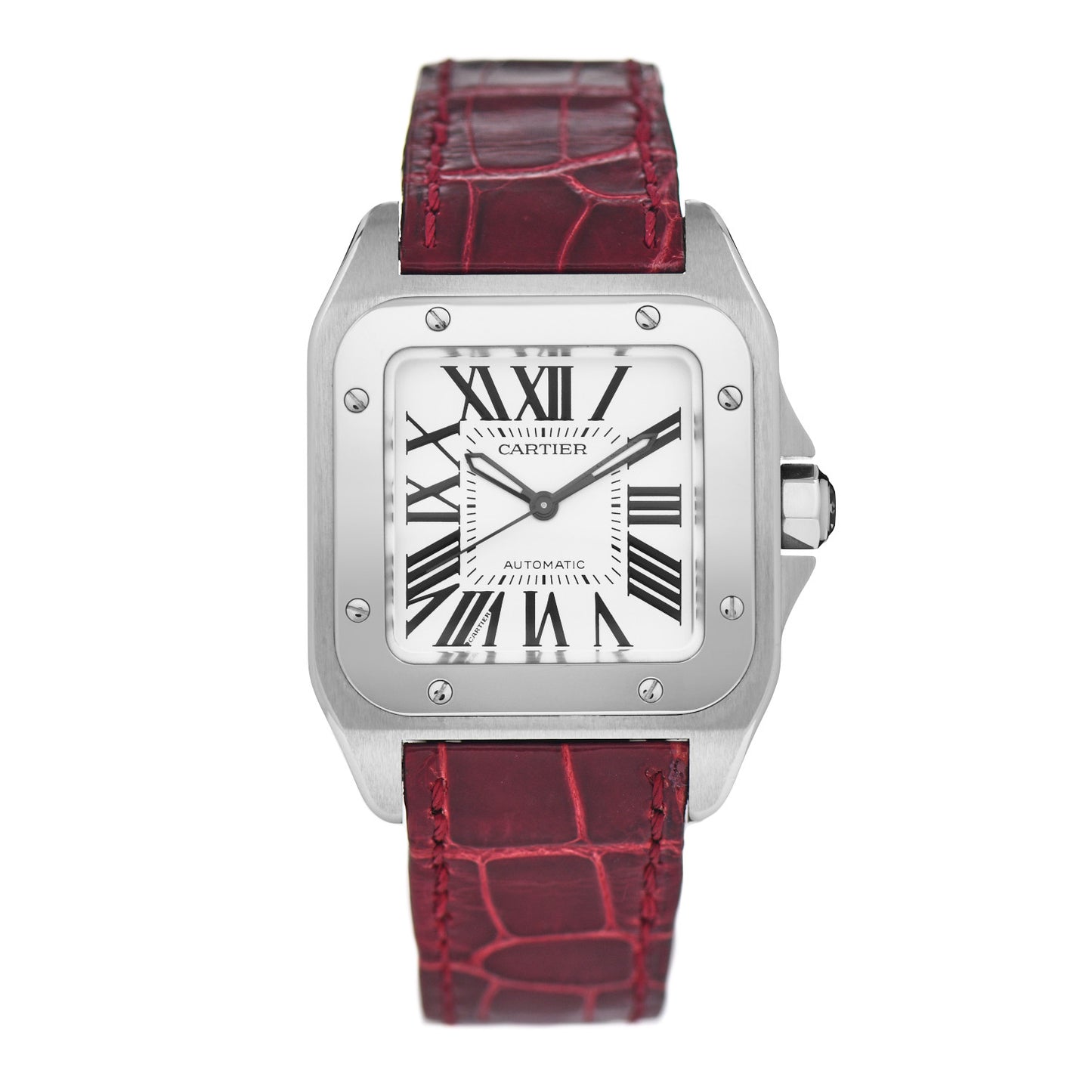 Stainless Steel Alligator 33mm Santos 100 Automatic Watch Red