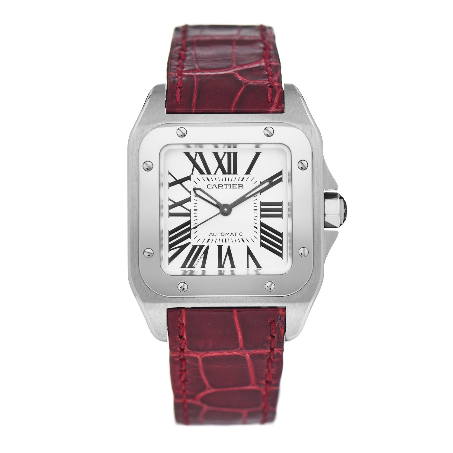 Cartier Stainless Steel Alligator 33mm Santos 100 Automatic Watch Red 1 of 5