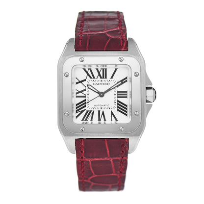 Cartier Stainless Steel Alligator 33mm Santos 100 Automatic Watch Red 1 of 5