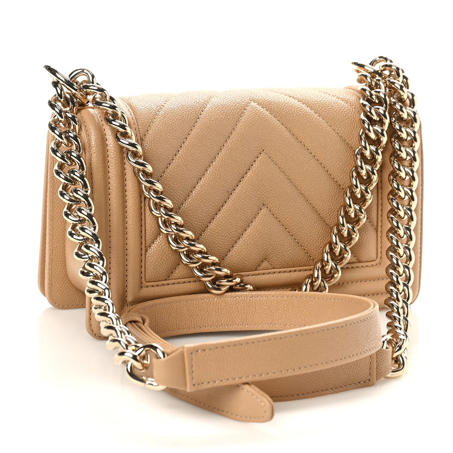 Caviar Chevron Quilted Small Boy Flap Beige