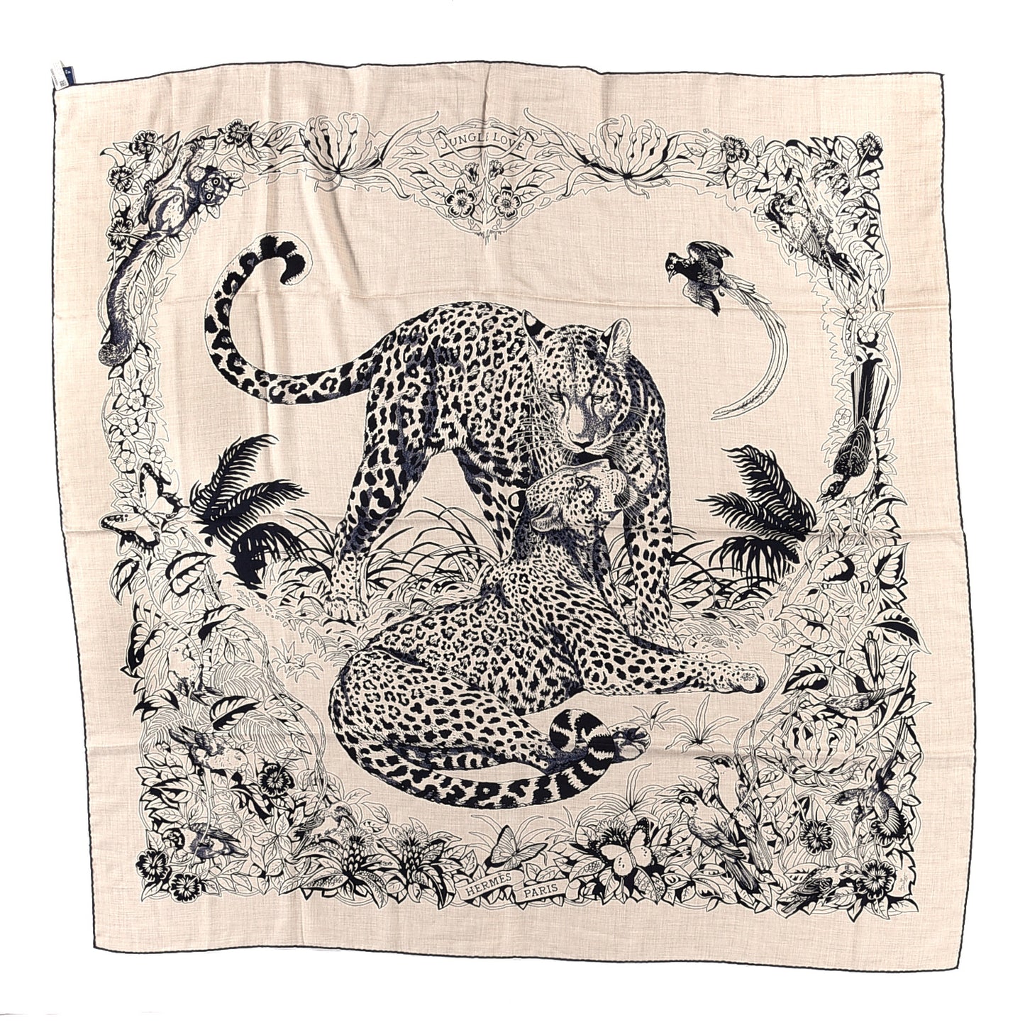 Cashmere Silk Jungle Love Tattoo Shawl 140 Natural Bleu Black