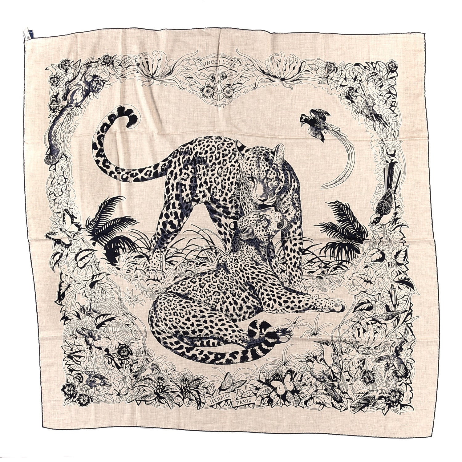 Hermes Cashmere Silk Jungle Love Tattoo Shawl 140 Natural Bleu Black 1 of 4