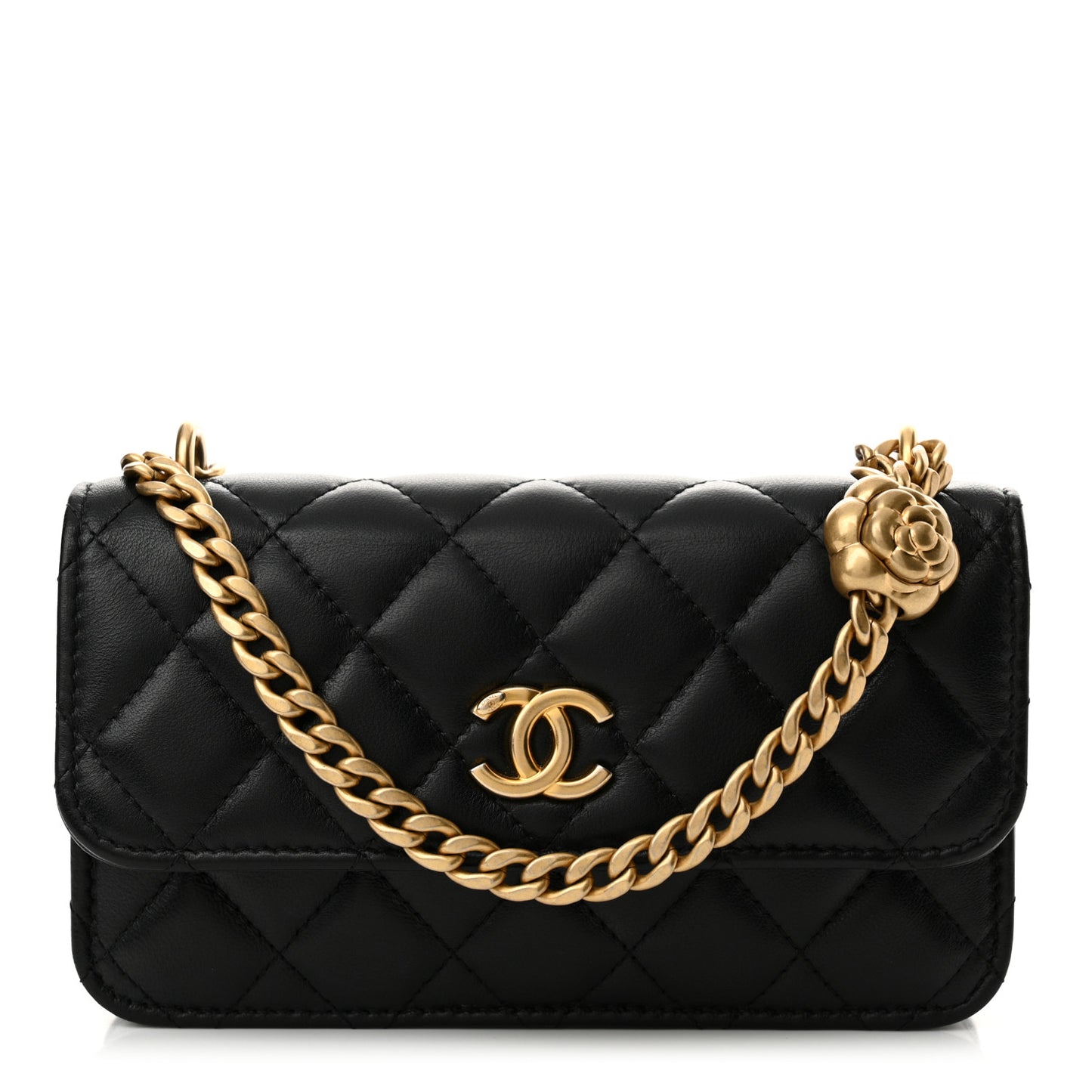 Lambskin Quilted Sweet Camellia Flap Phone Holder With Chain Black